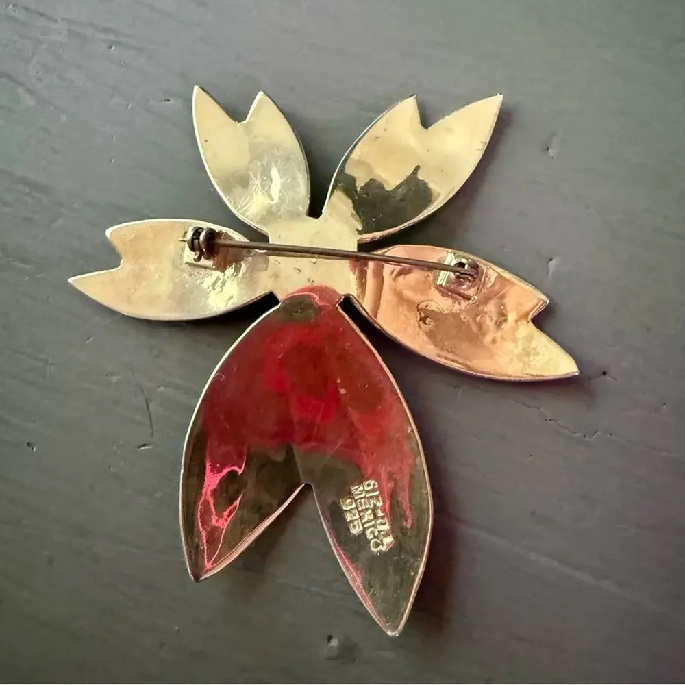 Taxco 925 Sterling Silver & Brass Flower Pin Brooch